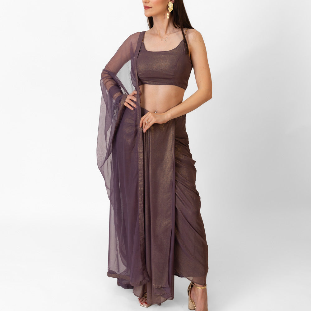 Manisha Brownish Purple Shimmer Drape Skirt Set