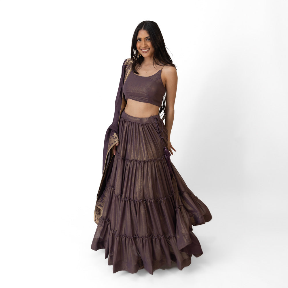 Gaia Shimmer Tiered Lehenga Set with Gold Accent