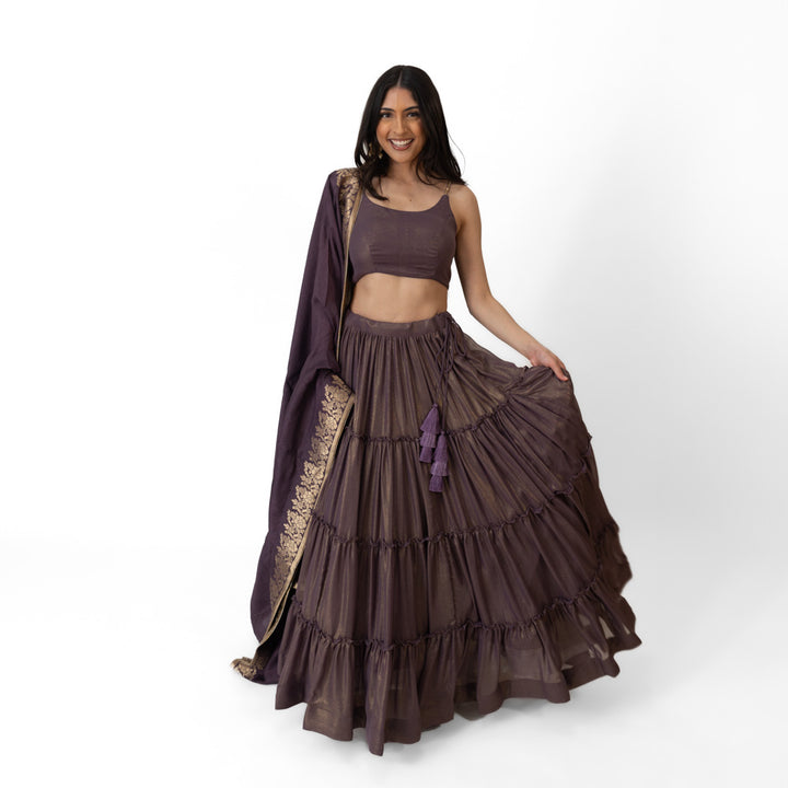 Gaia Shimmer Tiered Lehenga Set with Gold Accent