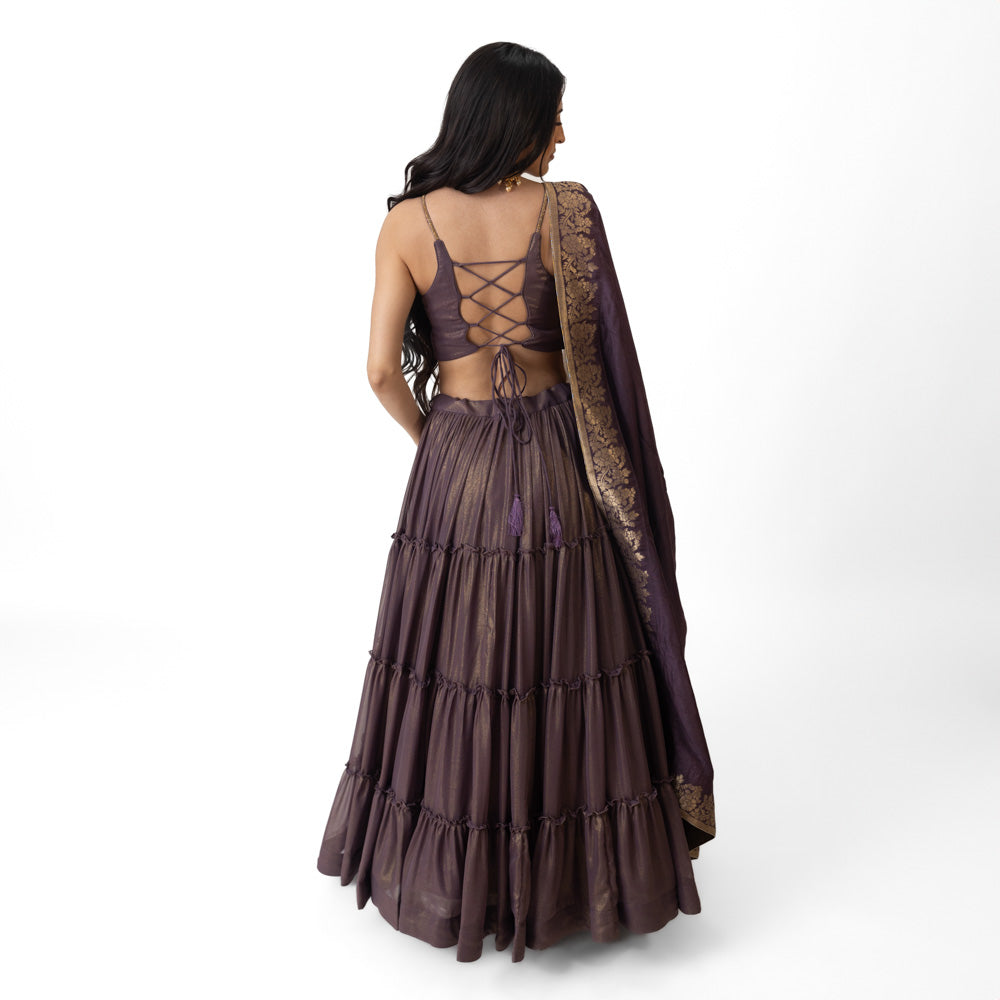 Gaia Shimmer Tiered Lehenga Set with Gold Accent