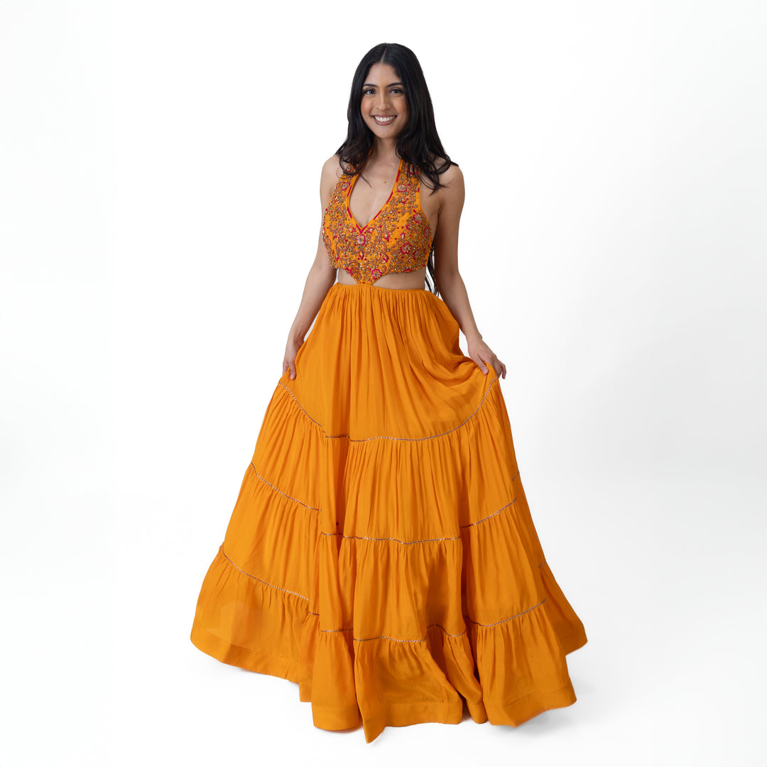 Neale Tiered Yellow Gown with Hand Embroidery