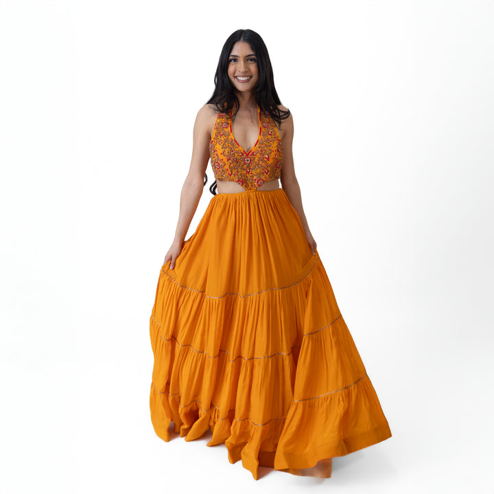 Neale Tiered Yellow Gown with Hand Embroidery