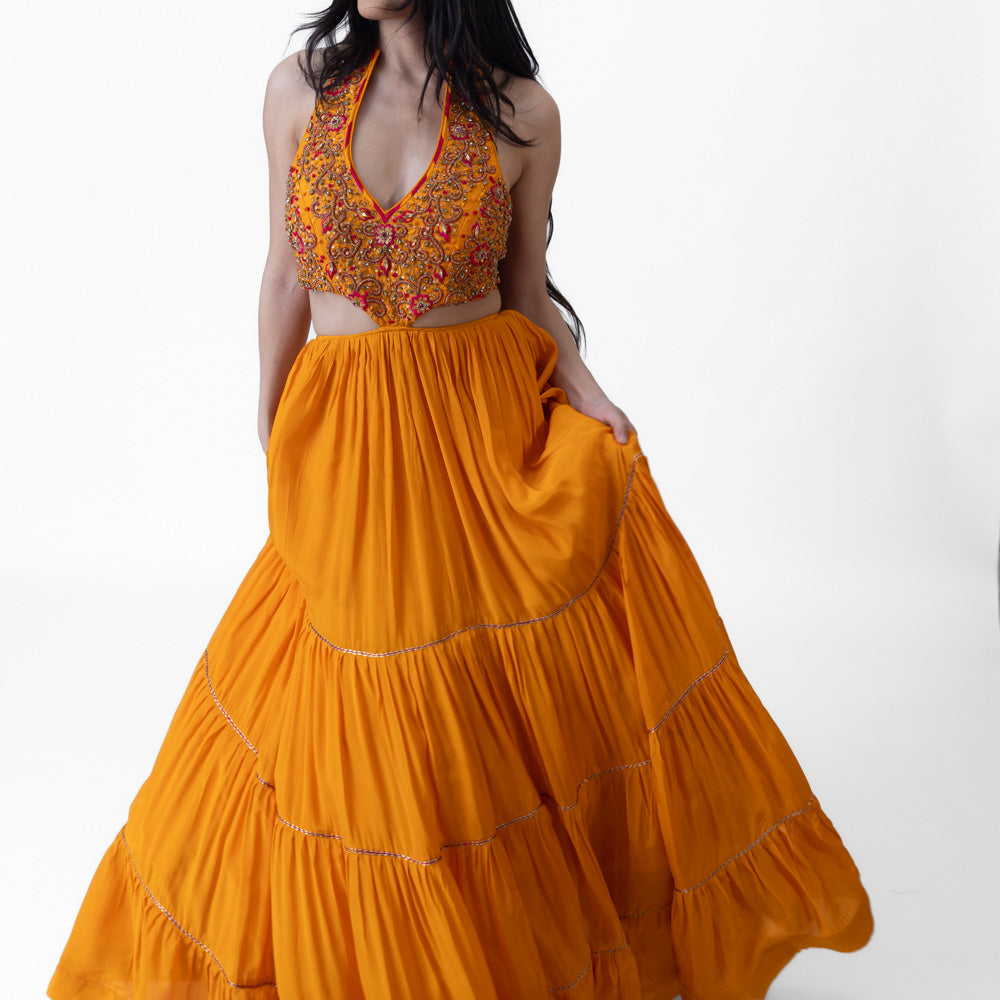 Neale Tiered Yellow Gown with Hand Embroidery