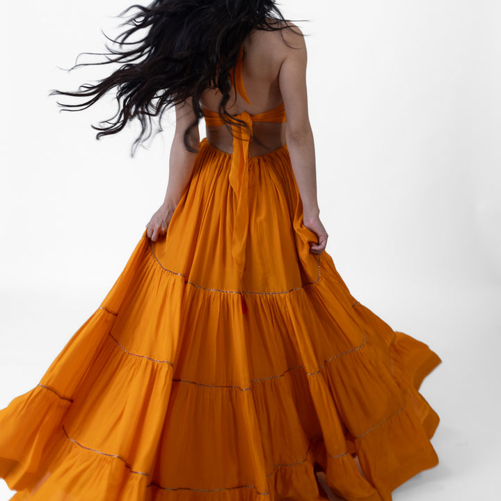 Neale Tiered Yellow Gown with Hand Embroidery