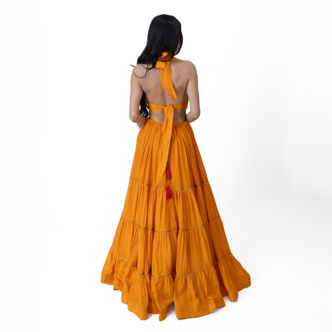 Neale Tiered Yellow Gown with Hand Embroidery