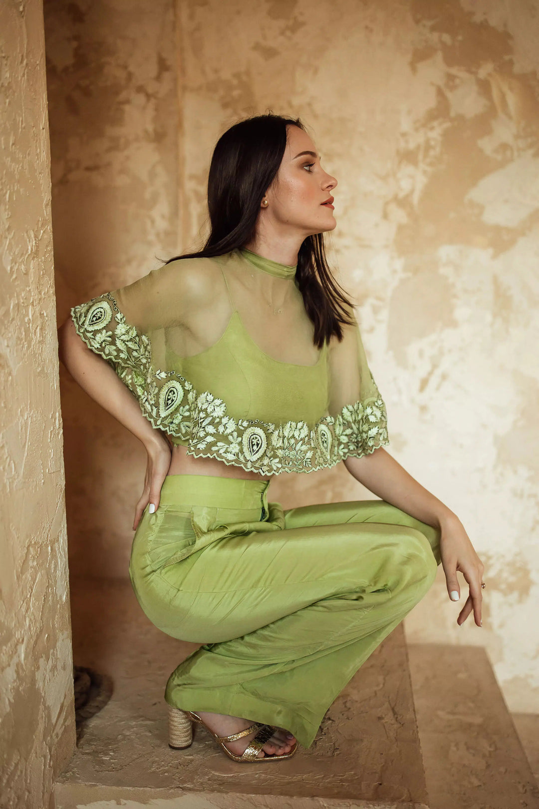 Green Mable Pant Set with Cape Dupatta