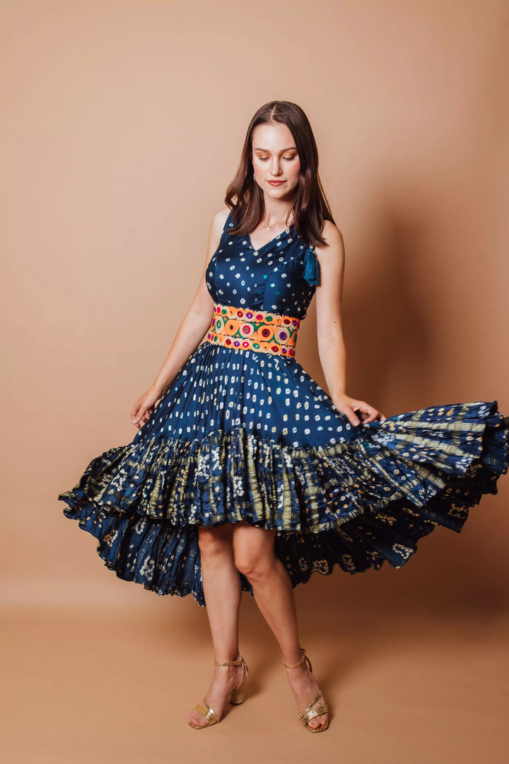 Evelyn Blue Print Dress with Ruffle Trim