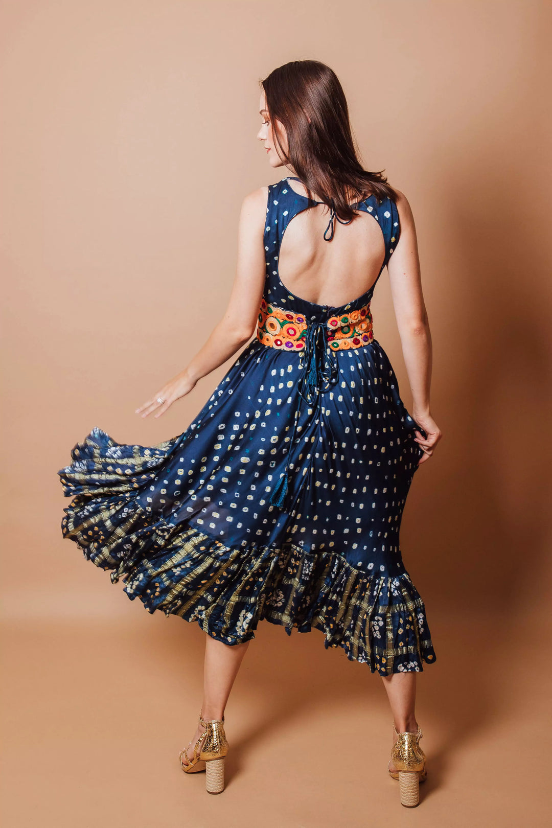 Evelyn Blue Print Dress with Ruffle Trim