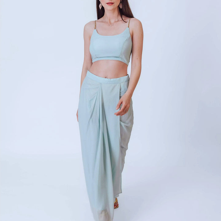 Kiya Sky Blue Shimmer Drape Skirt Set