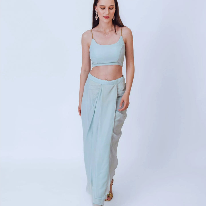 Kiya Sky Blue Shimmer Drape Skirt Set