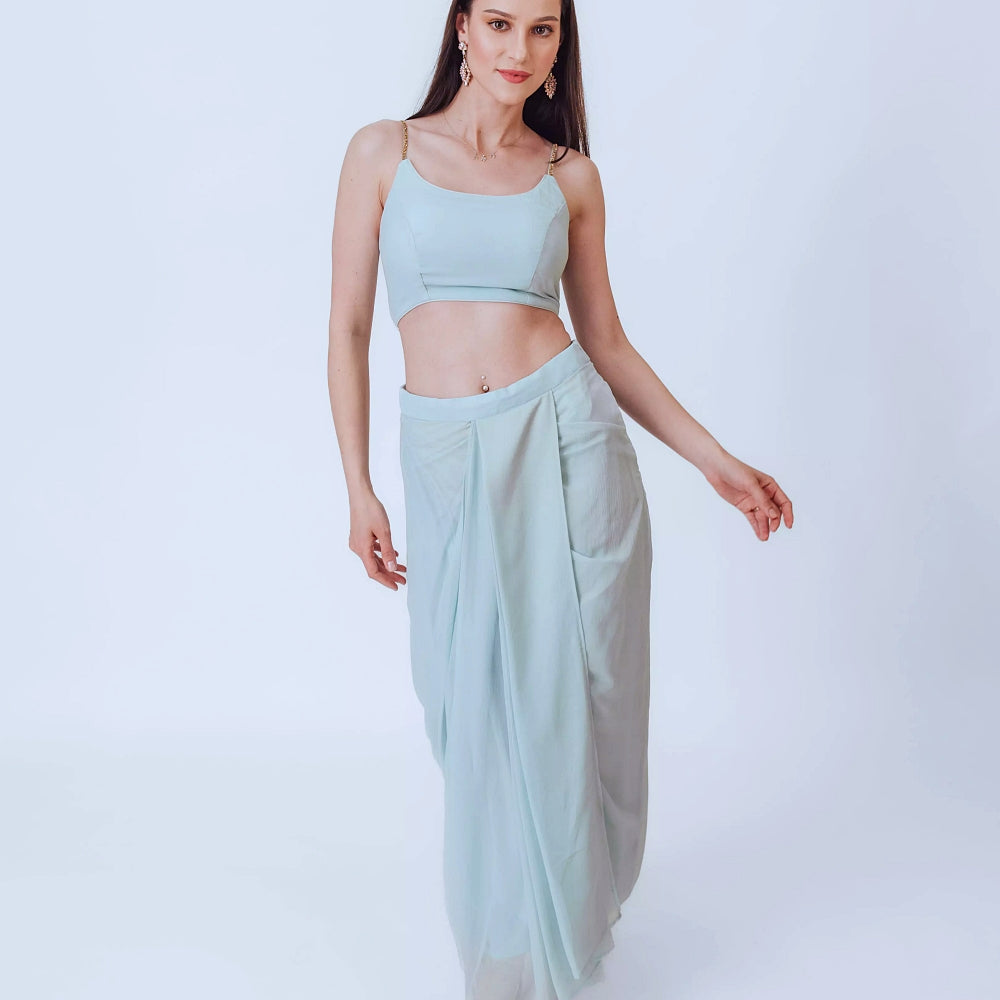 Kiya Sky Blue Shimmer Drape Skirt Set