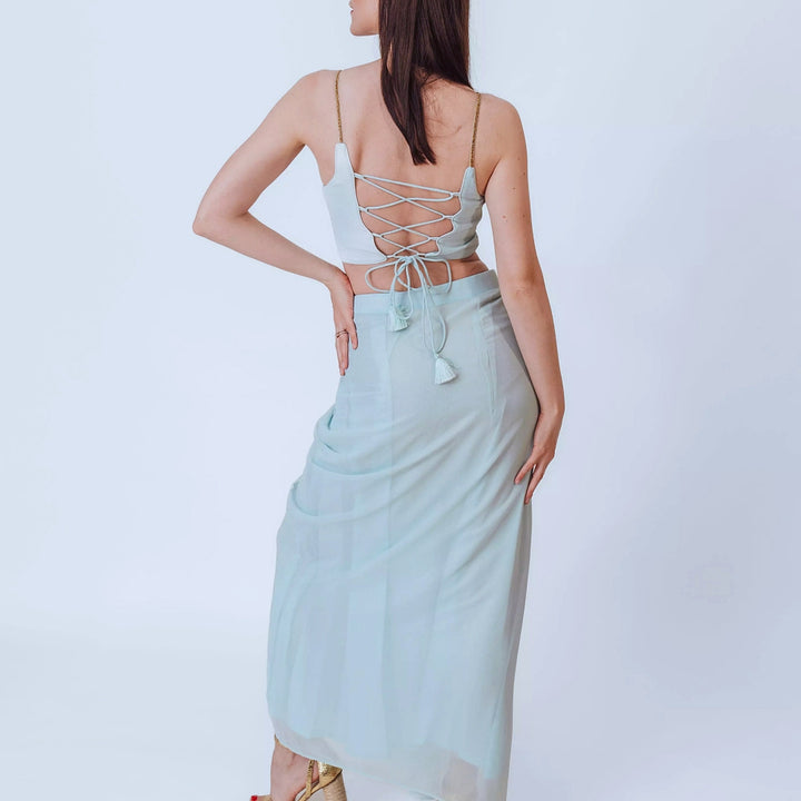 Kiya Sky Blue Shimmer Drape Skirt Set