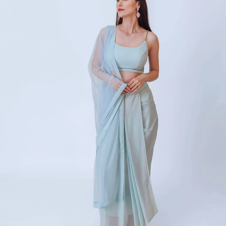 Kiya Sky Blue Shimmer Drape Skirt Set