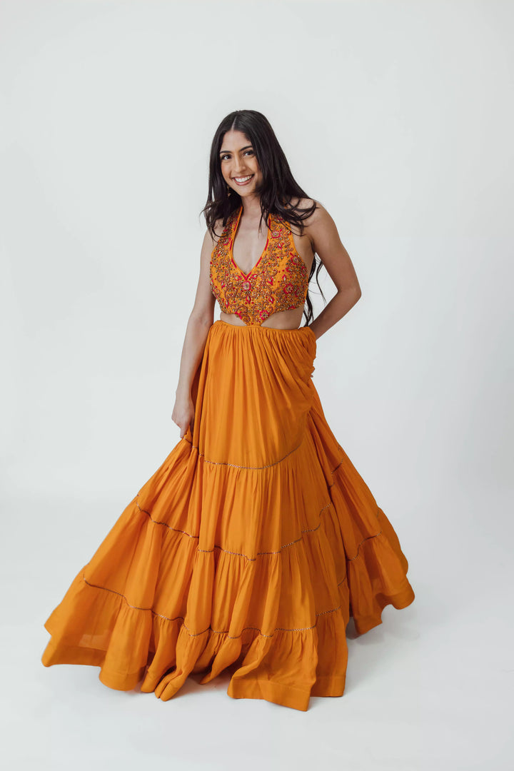 Neale Hand Embroidered Tiered Gown with Cutouts