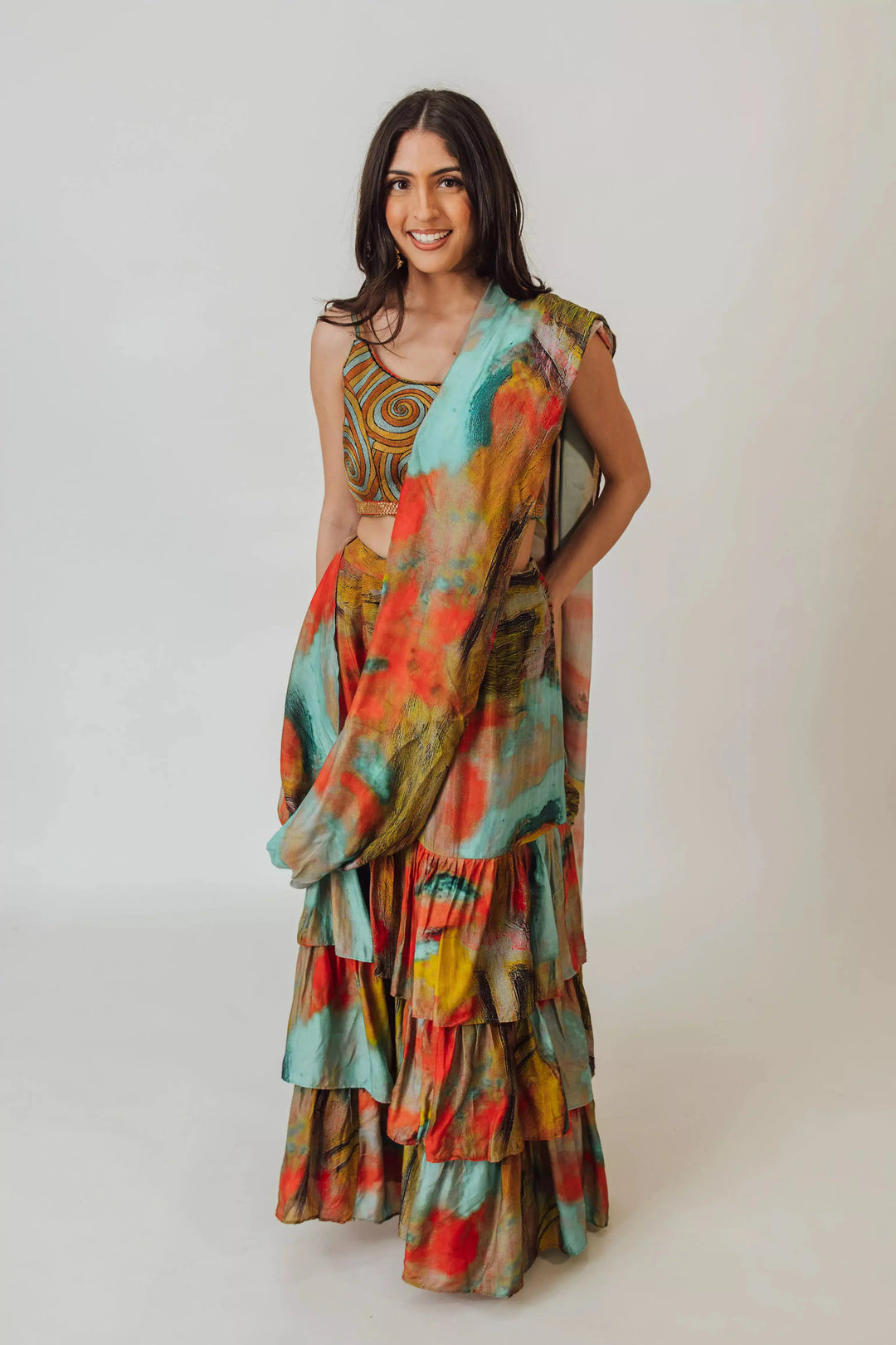 Kahlo Multicolor Swirl Top with Ruffle Tiered saree dress