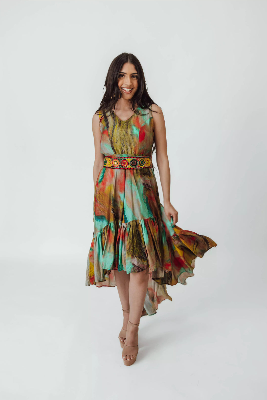 Tezza Multicolor Palette High Low Dress with Belt