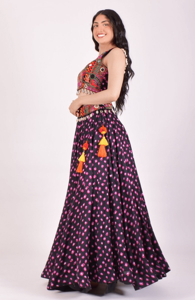 Black Bandhej Kutchi Chaniya Choli With Shells