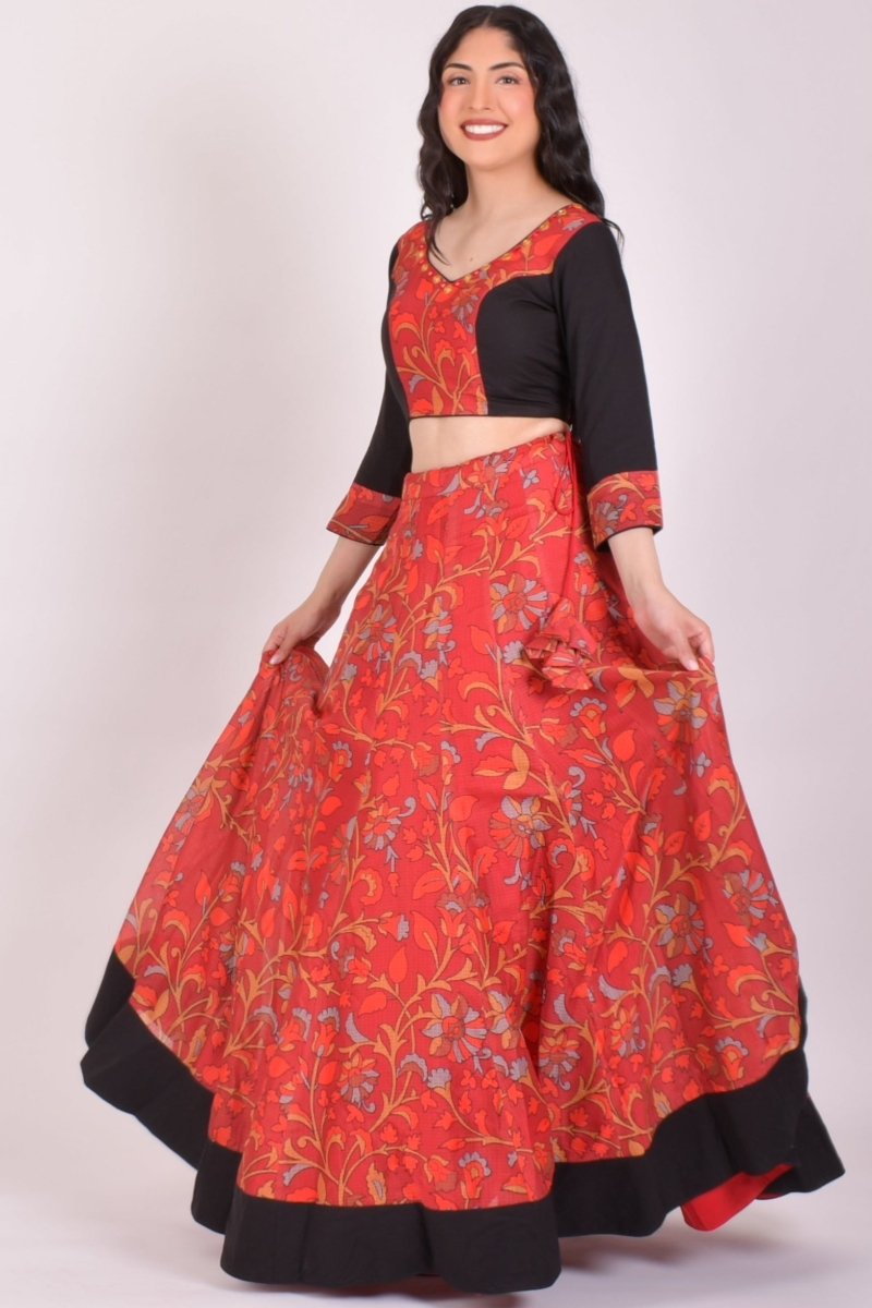 Red Kalamkari Cotton Chaniya Choli With Dupatta