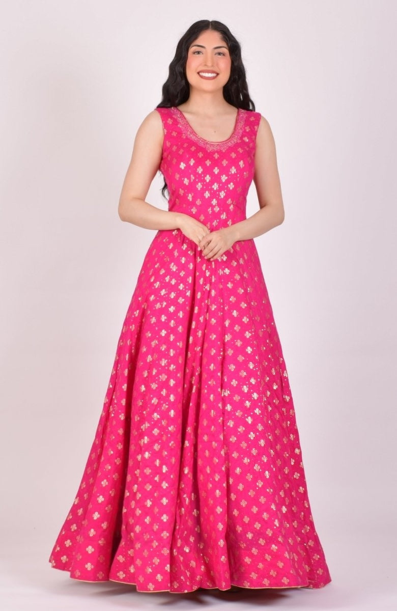 Pink Sequin Anarkali Gown With Dupatta