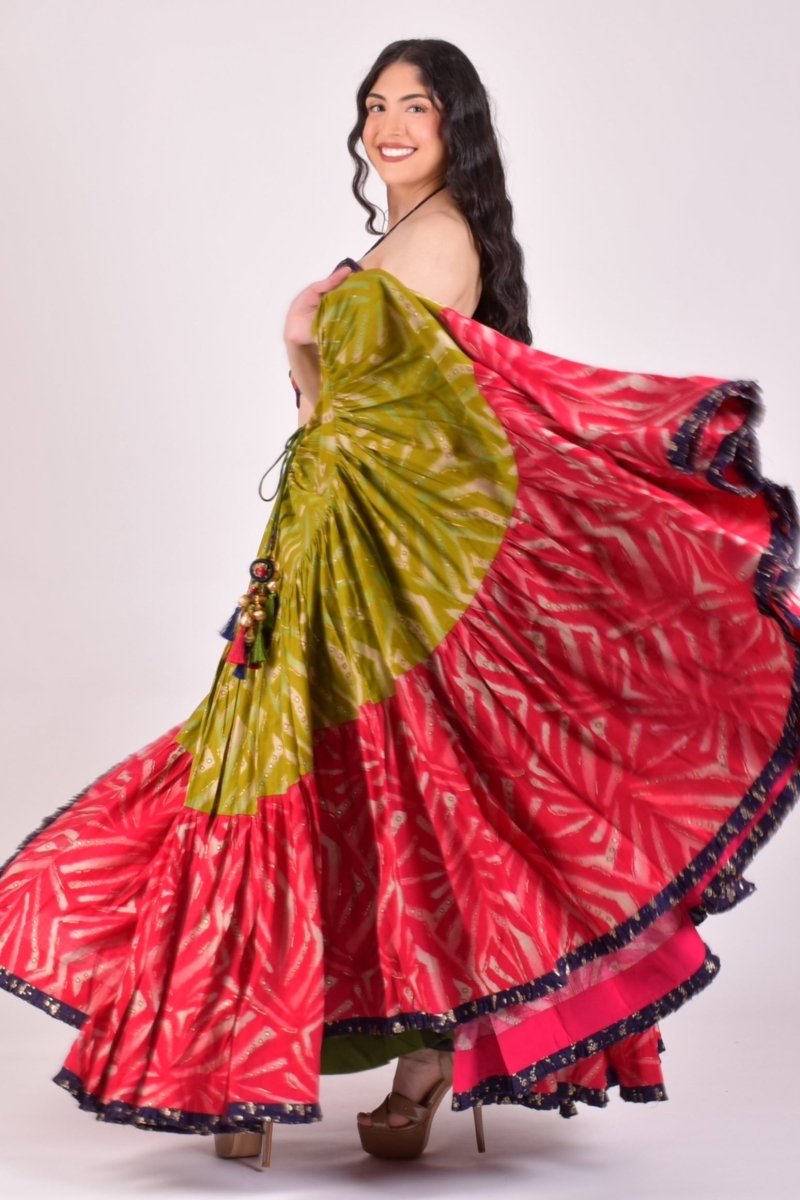 Parrot Green & Fuchsia Bandhani Tiered Chaniya Choli