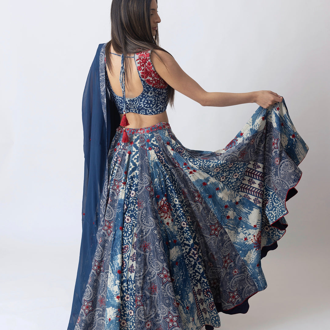 Blue Hand Block Printed Chaniya Choli