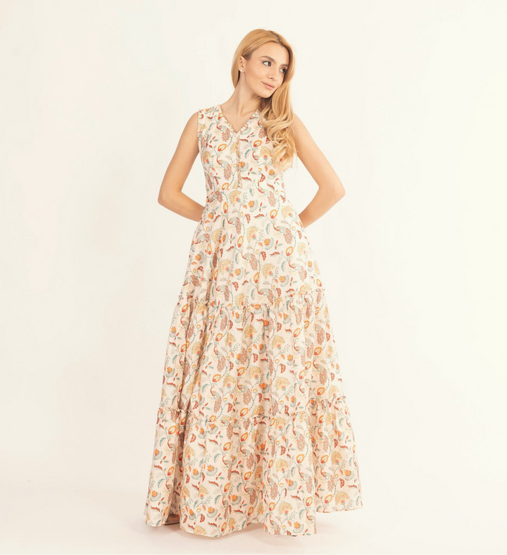 Sage Off-White Long Dress with All-Over Kalankari Print