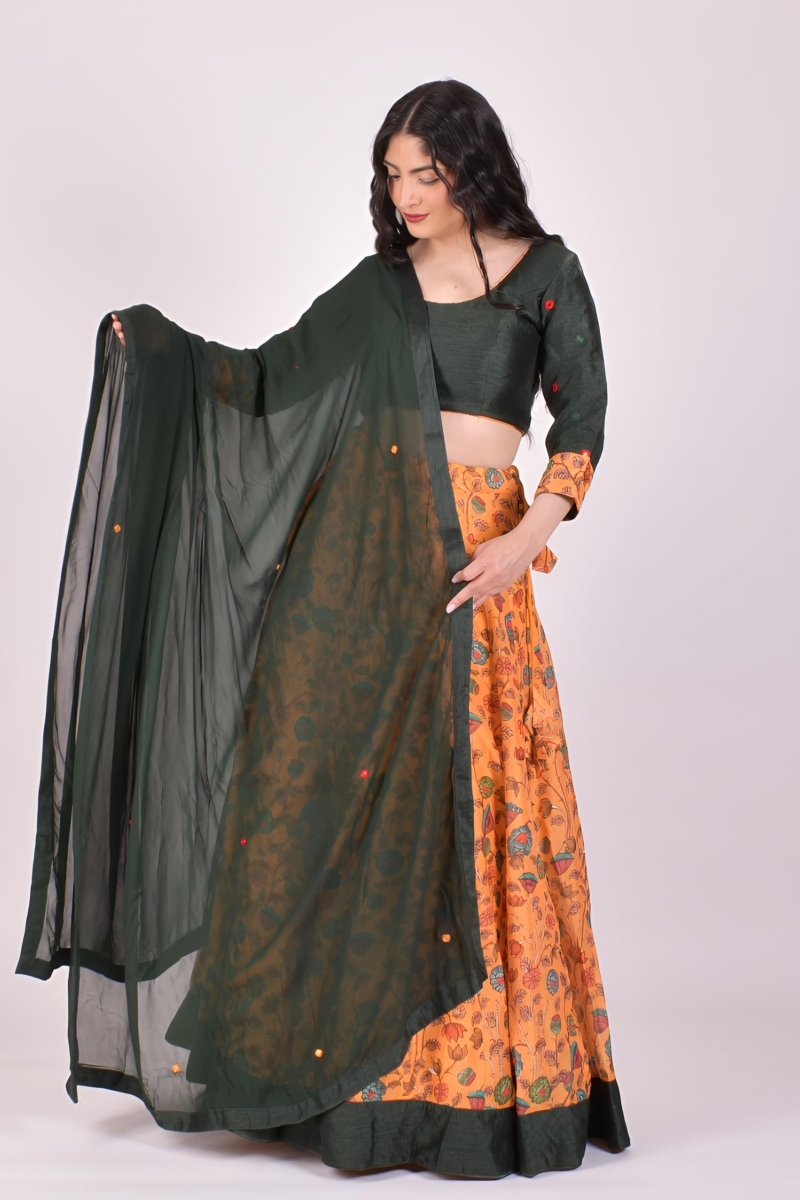 Yellow & Green Kalamkari Chaniya Choli With Dupatta