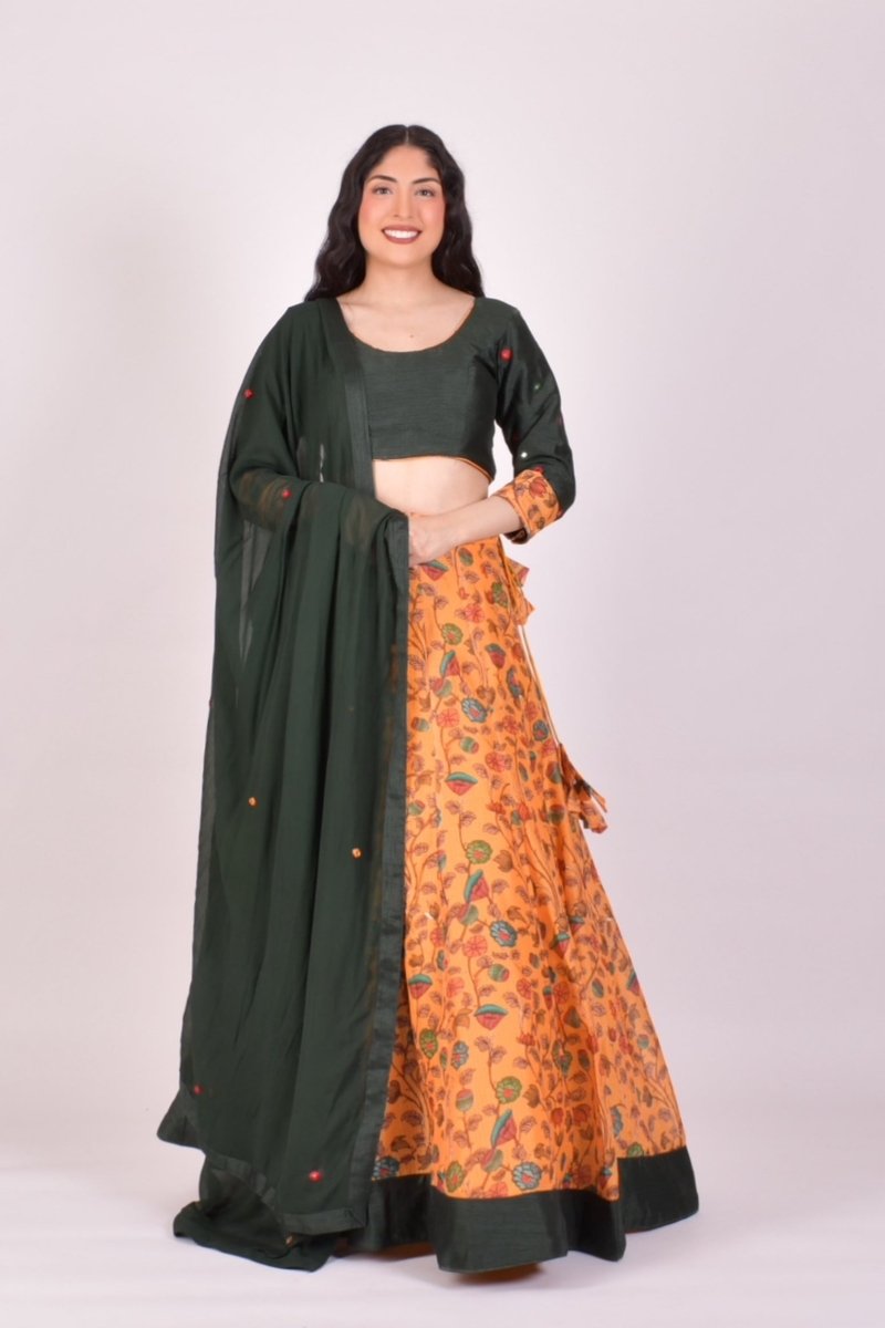 Yellow & Green Kalamkari Chaniya Choli With Dupatta
