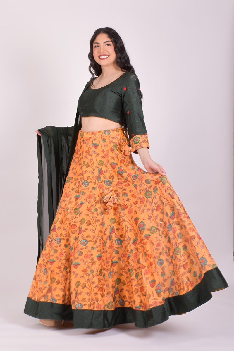 Yellow & Green Kalamkari Chaniya Choli With Dupatta