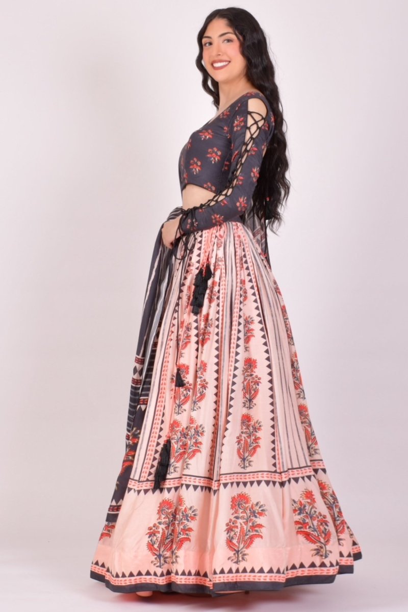 Peach Kalamkari Print Chaniya Choli With Block Print Dupatta