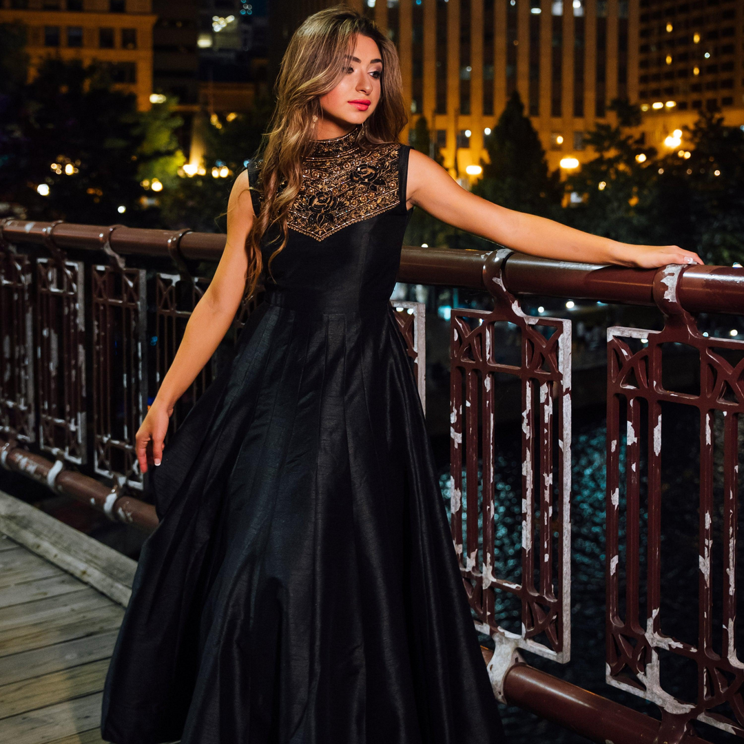 Mona Black Raw Silk Gown