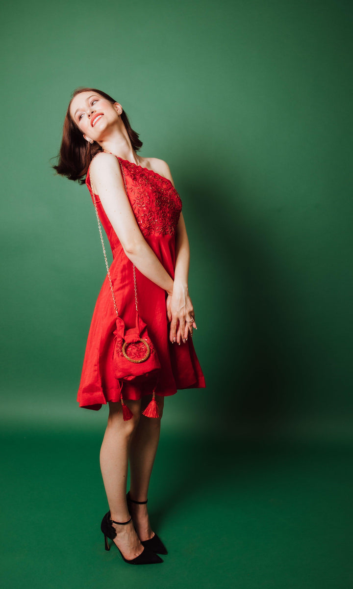 AG1945 Red Raw silk KIA short dress-Raas-[Indian_dresses]-[Indi_dresses]