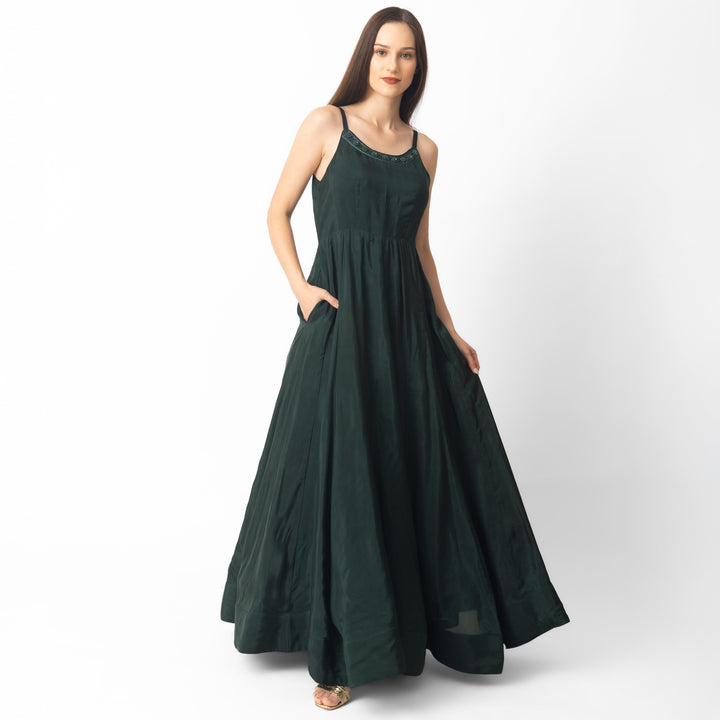 Mirena Green A-Line Long Dress - Raas