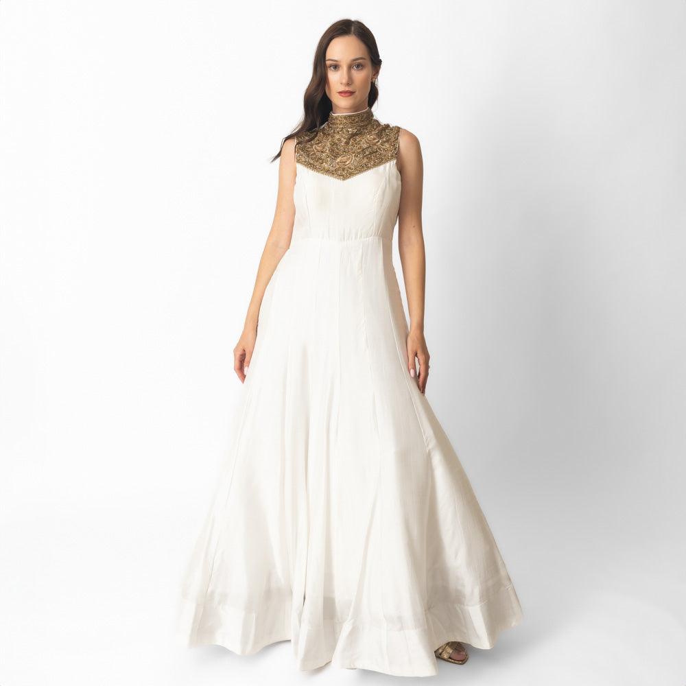 Mya White Silk Gown with Hand Embroidery - Raas