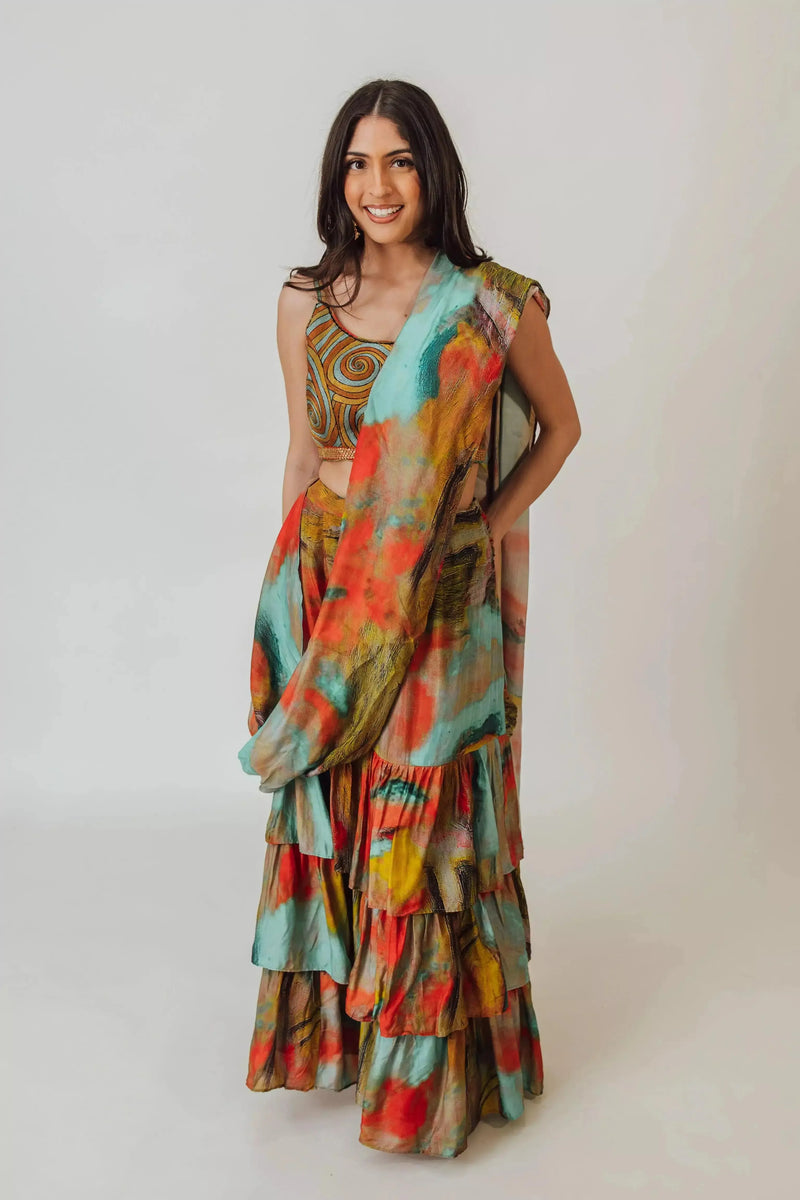 Abstract Silk Ruffle Saree Dress-[ruffle_ready_to_wear_saree]-Raas