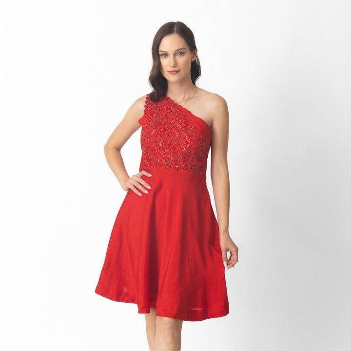 Aerin Raw Silk Red Short Dress - Raas