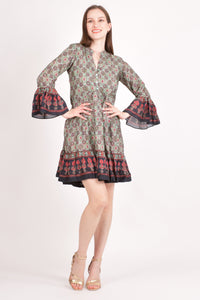 Green muslin silk mini dress with all-over Ajrakh print, front buttons, and butterfly sleeves.