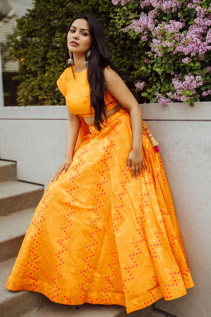 Aliza Yellow Lehenga with Silk Sleeveless Blouse