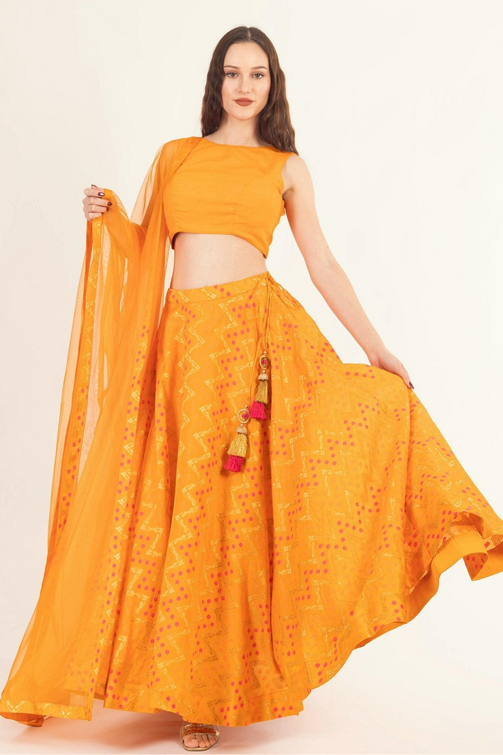 Aliza Yellow Lehenga with Silk Sleeveless Blouse