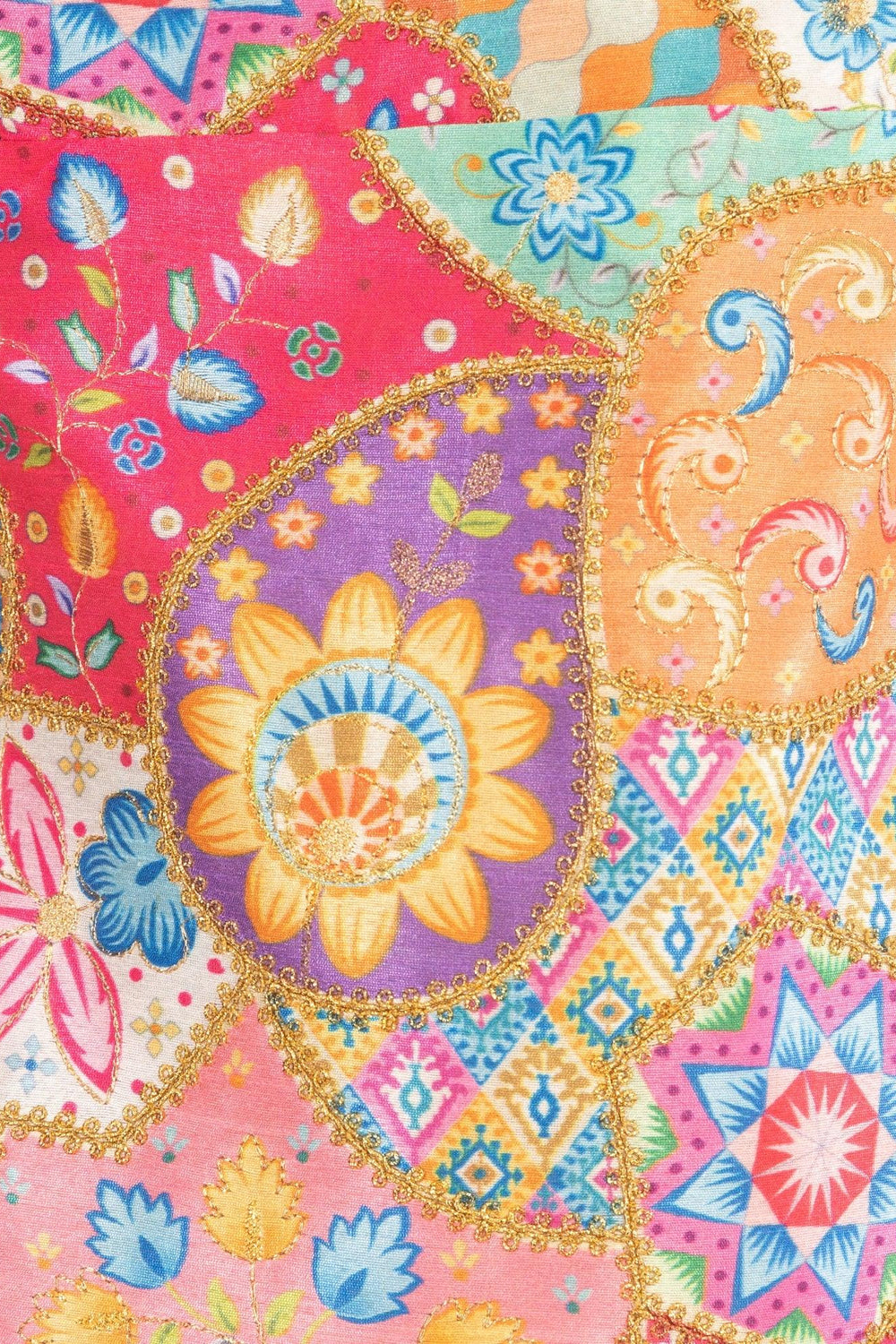 Zinnia All-Over Embroidery Mini Dress, silk with vibrant prints and intricate gold kasab embroidery.
