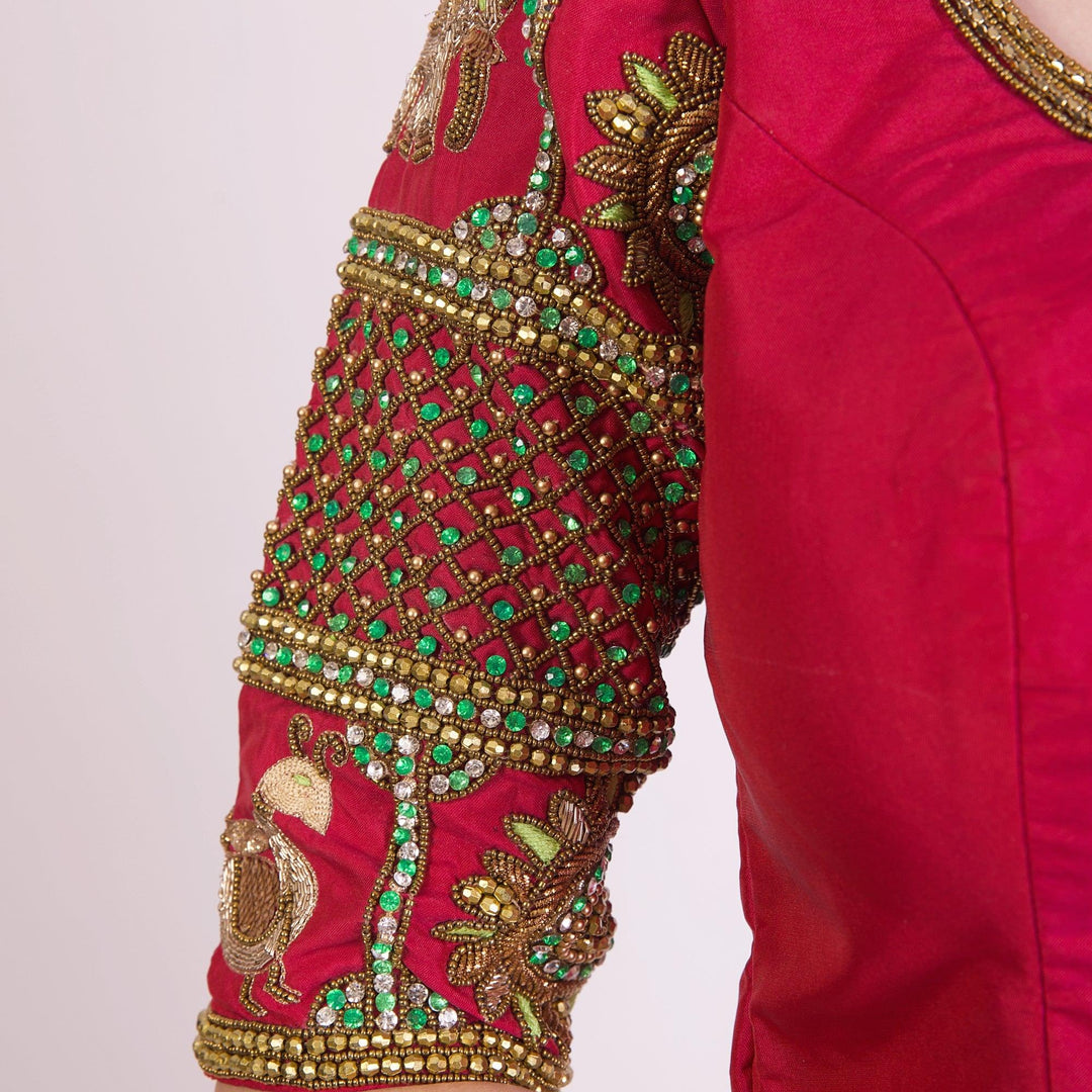 Amaris Red & Green Blouse with Hand Work-Raas USA