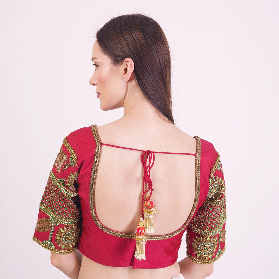 Amaris Red & Green Blouse with Hand Work-Raas USA