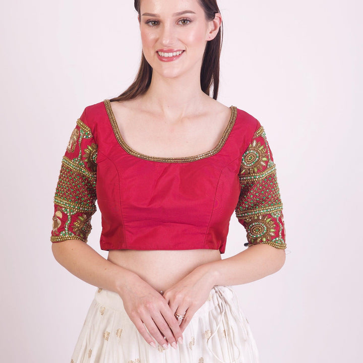 Amaris Red & Green Blouse with Hand Work-Raas USA