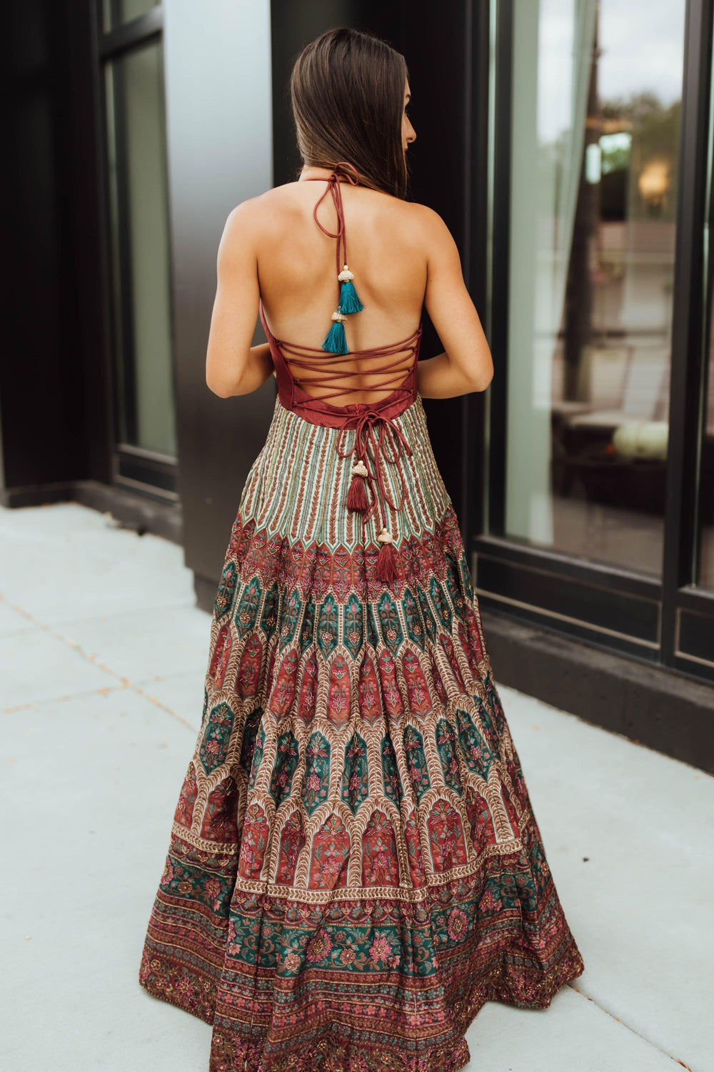 Anais Multicolor Long Dress: silk, V-neck, maroon torso, vibrant patterned skirt with resham and cutdana embroidery.