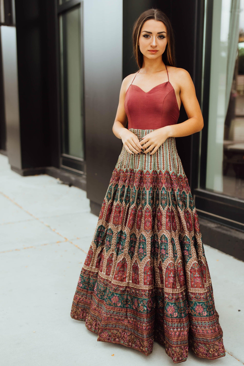 Anais Multicolor Long Dress: silk, V-neck, maroon bodice, vibrant resham and cutdana embroidered skirt.