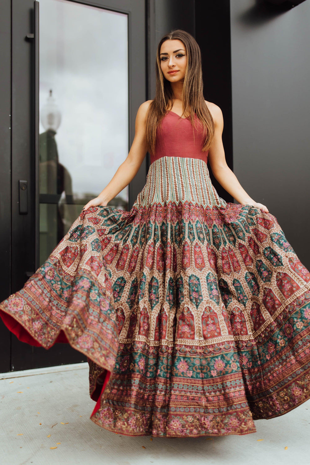 Anais Multicolor Long Dress: Silk V-neck gown with maroon bodice and vibrant resham & cutdana embroidered patterns.