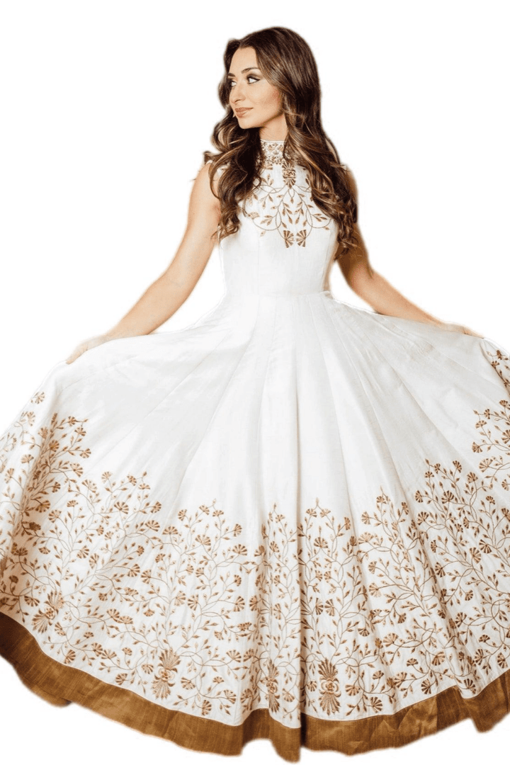 Anita White Gown with Embroidered Torso and Hem-Raas USA