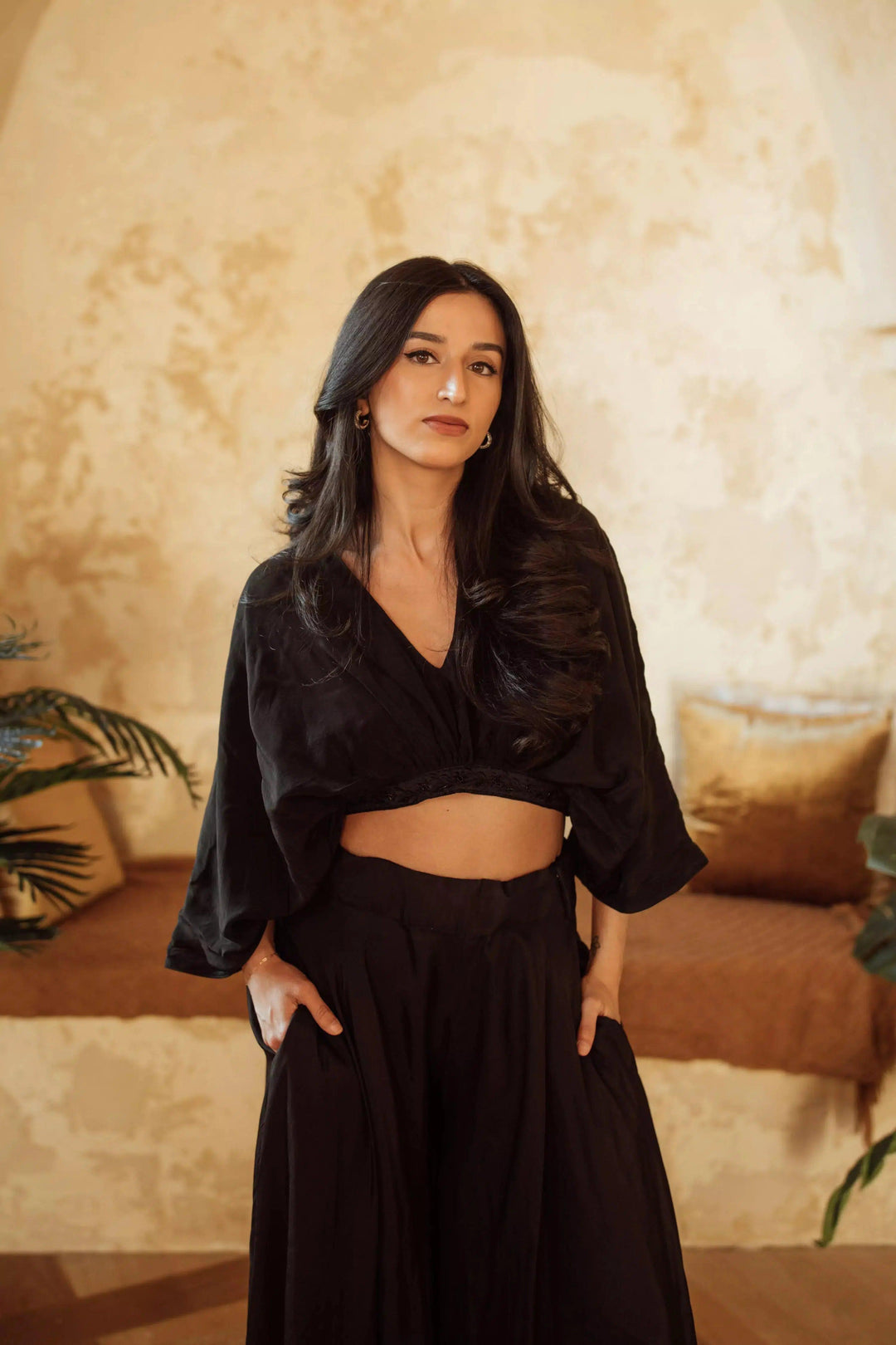 Anja Black Flowy Palazzo Pantsuit Set-Raas