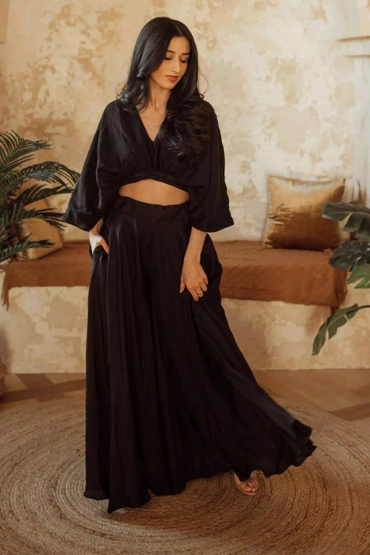 Anja Black Flowy Palazzo Pantsuit Set-Raas