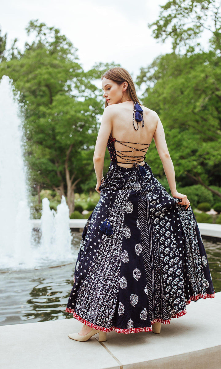 Aqua Printed Gown with Mirror and Resham Embroidery on Torso-Raas USA